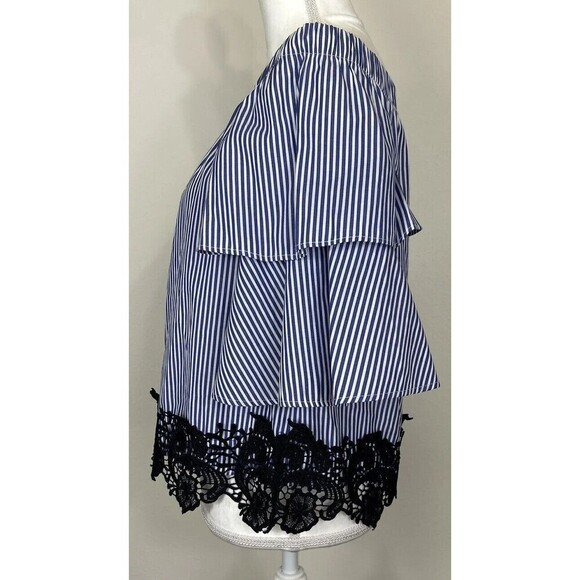 ZARA Blue & White Striped Off the Shoulder Puff Sleeve Lace Blouse Size Medium - Picture 10 of 13